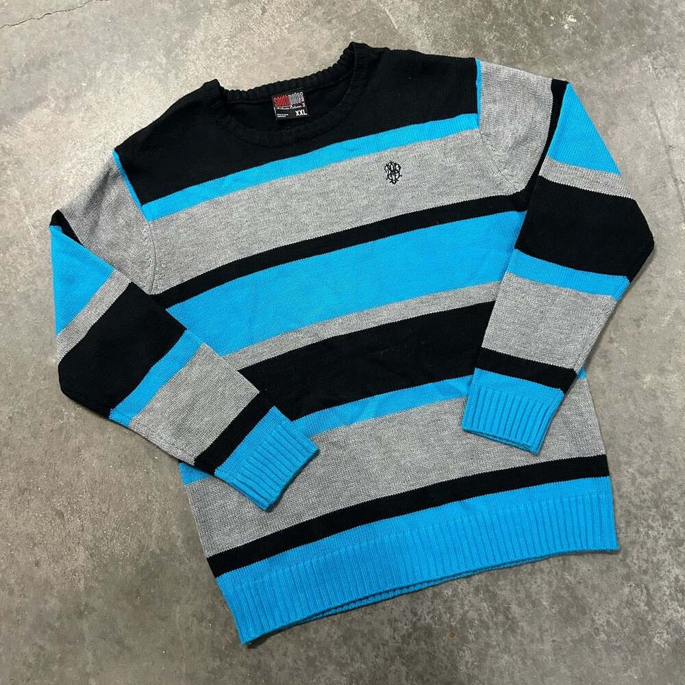 Southpole Men's Black Grey Blue Striped Knit Sweater XXL